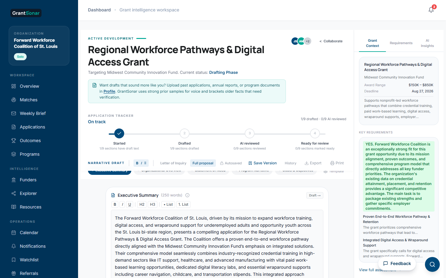 GrantSonar demonstration application workspace showing grant context, requirements, and a narrative draft