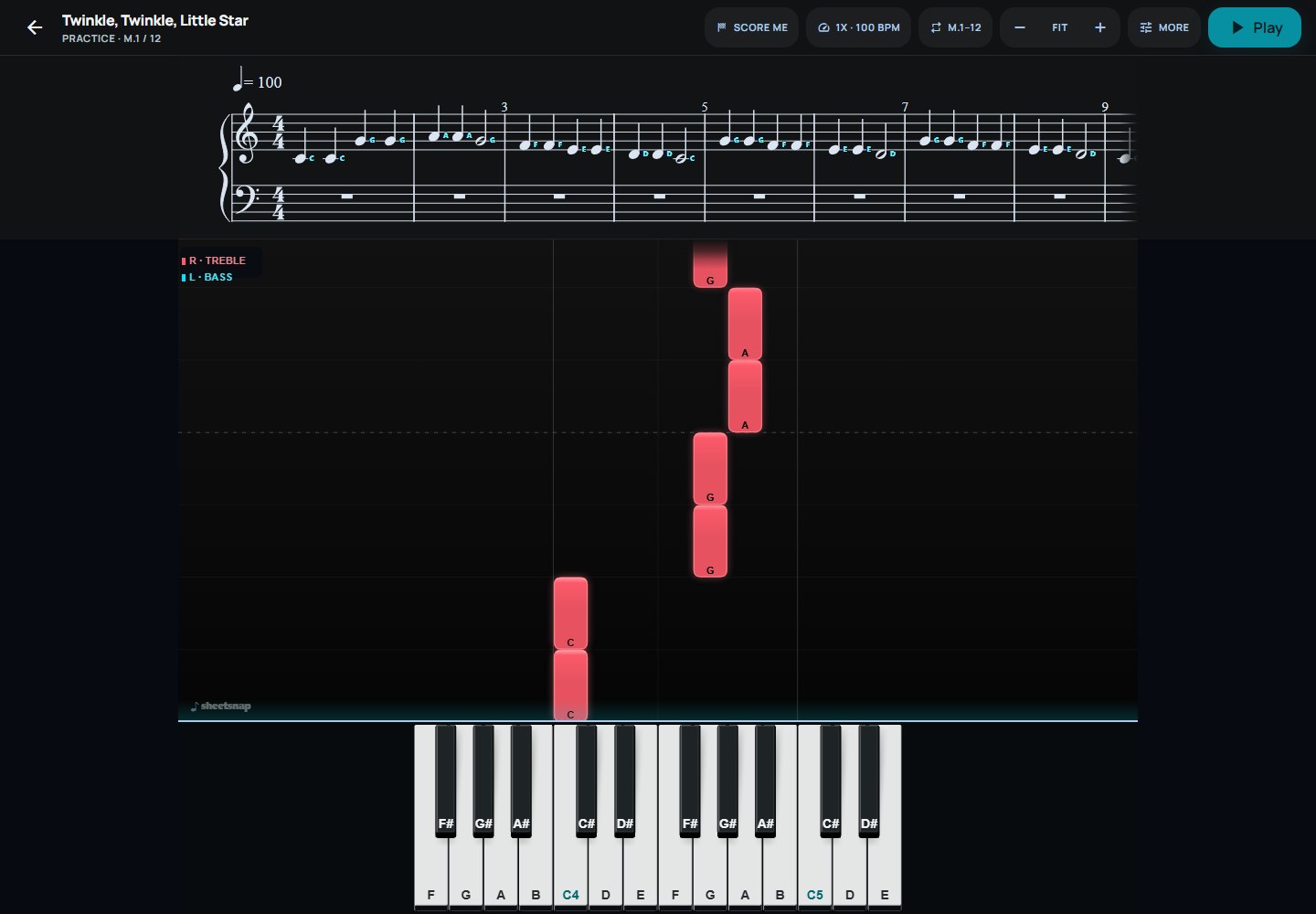 SheetSnap practice session with score, falling notes, and piano keyboard